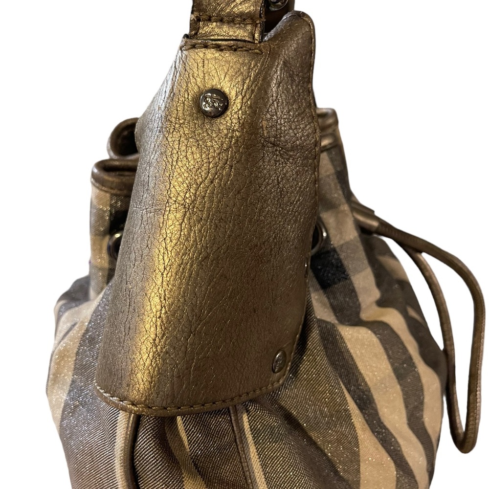 BURBERRY Metallic/Grey Beat Check Canvas and Leather Drawstring Hobo - Picture 6 of 11